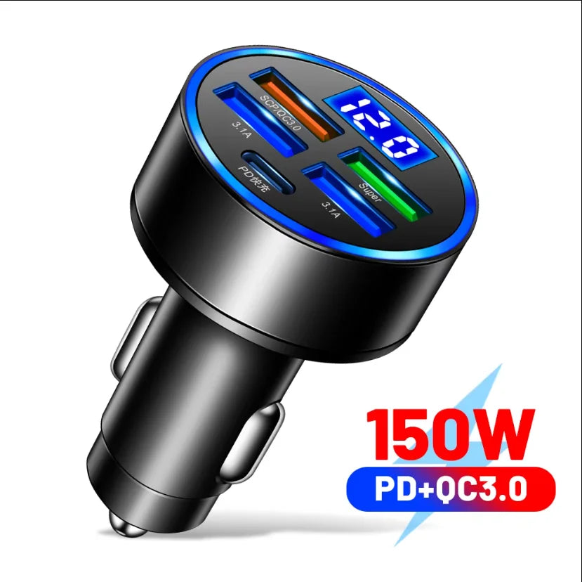 250W PD Car Charger QC3.0 Fast Charge Two to Six Port Car Cigarette Lighter Plug Car Charger Flash Charge with Digital Display