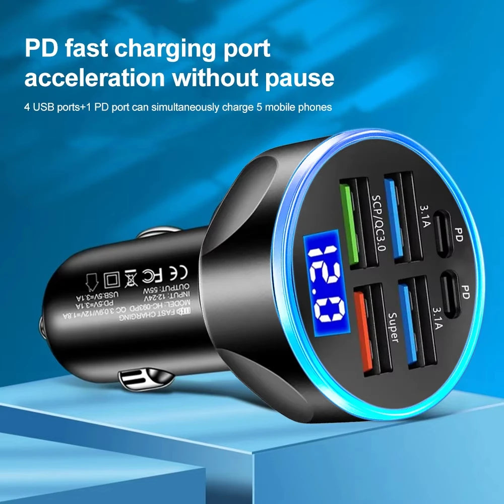 250W PD Car Charger QC3.0 Fast Charge Two to Six Port Car Cigarette Lighter Plug Car Charger Flash Charge with Digital Display
