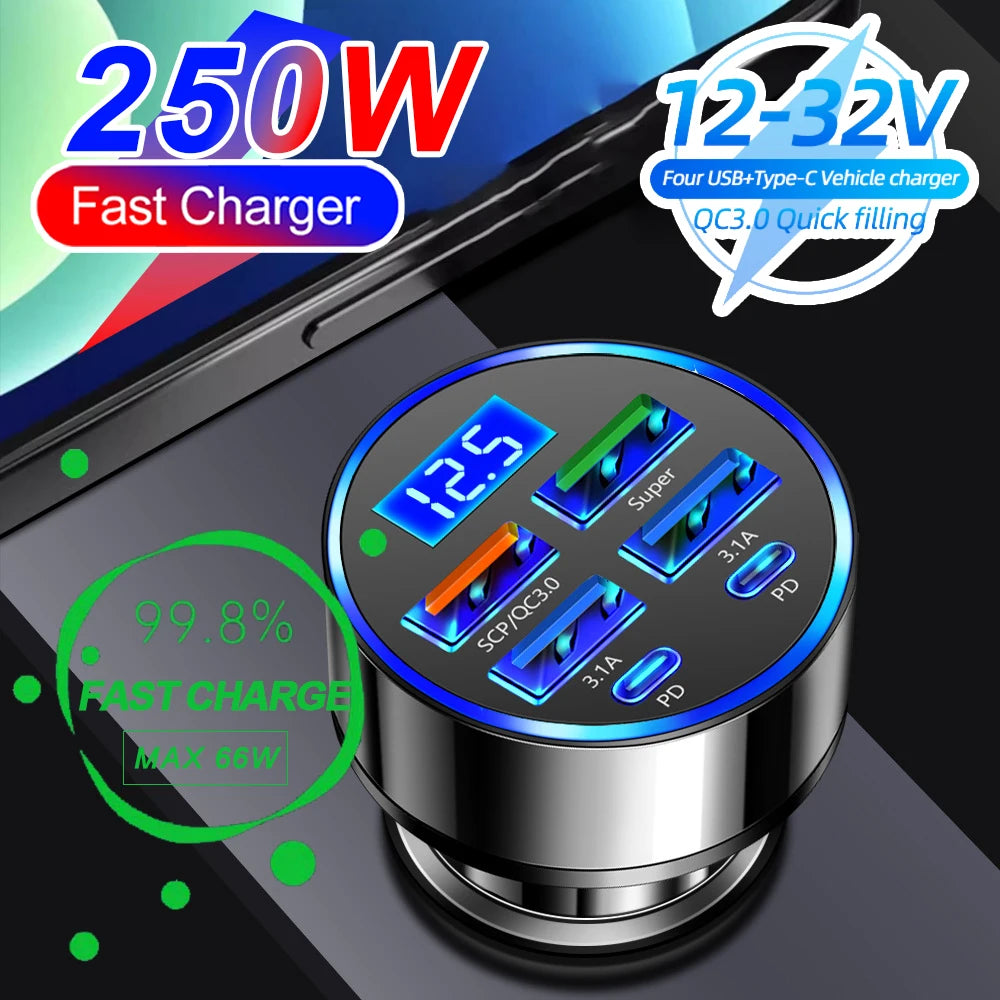 250W PD Car Charger QC3.0 Fast Charge Two to Six Port Car Cigarette Lighter Plug Car Charger Flash Charge with Digital Display