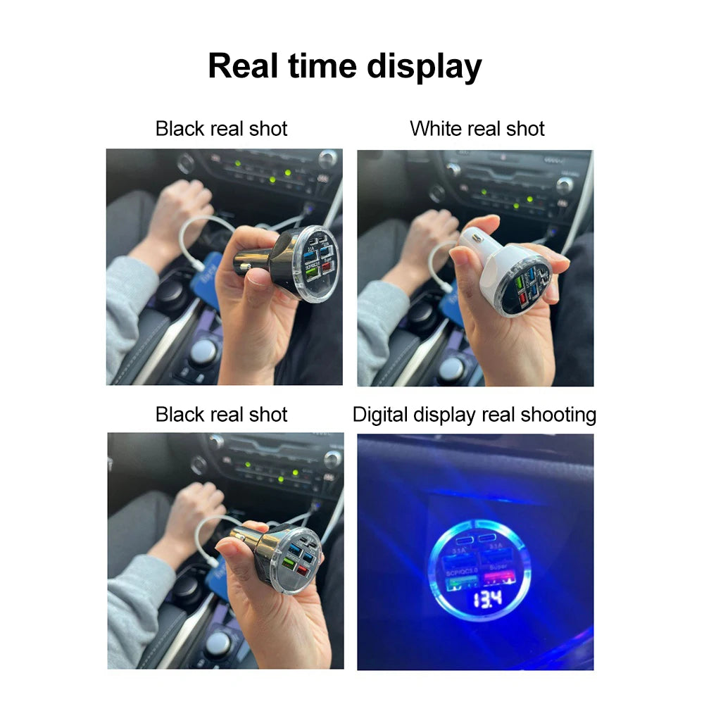 250W PD Car Charger QC3.0 Fast Charge Two to Six Port Car Cigarette Lighter Plug Car Charger Flash Charge with Digital Display