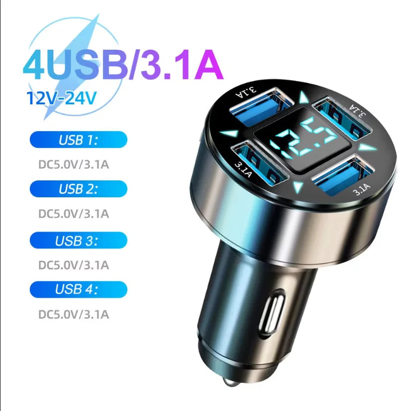 250W PD Car Charger QC3.0 Fast Charge Two to Six Port Car Cigarette Lighter Plug Car Charger Flash Charge with Digital Display
