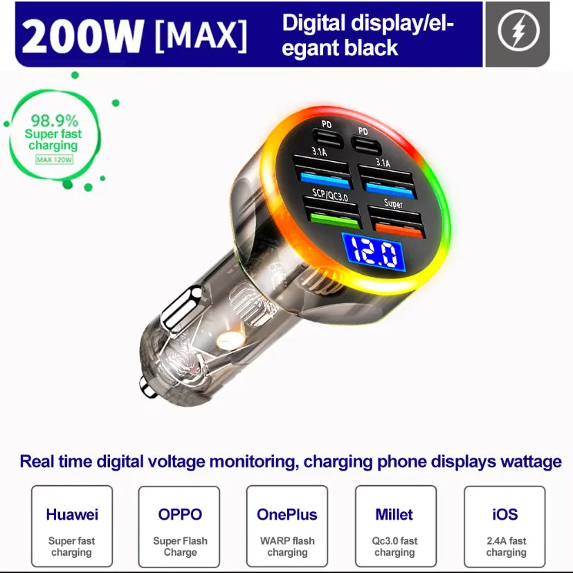 250W PD Car Charger QC3.0 Fast Charge Two to Six Port Car Cigarette Lighter Plug Car Charger Flash Charge with Digital Display