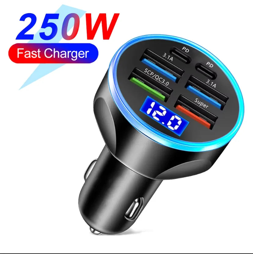 250W PD Car Charger QC3.0 Fast Charge Two to Six Port Car Cigarette Lighter Plug Car Charger Flash Charge with Digital Display